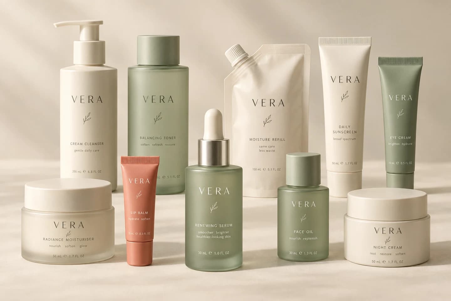 Ten skincare products in the coordinated VERA concept range