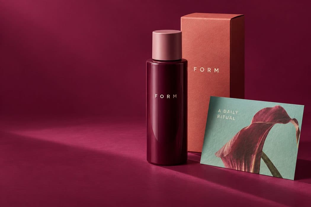 Concept skincare identity with mulberry packaging, a coral carton and a botanical campaign card