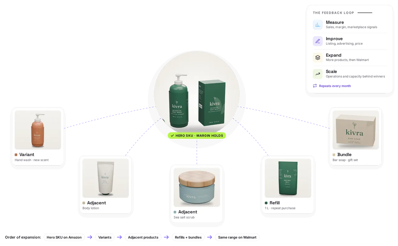 One proven body wash with its box at the center, expanding into a hand wash, lotion, scrub, refill pouch and bar soap, beside the measure, improve, expand and scale loop
